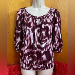 EUC Lucky Brand tunic top,purple/white,smocked shoulders/hem,3/4 sleeves
